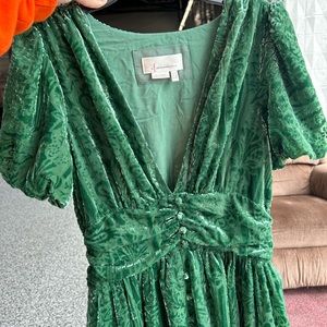 Anthropologie green puffed sleeve velvet dress